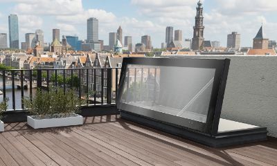 Gorter glazed roof hatch on top of a roof in a city centre 