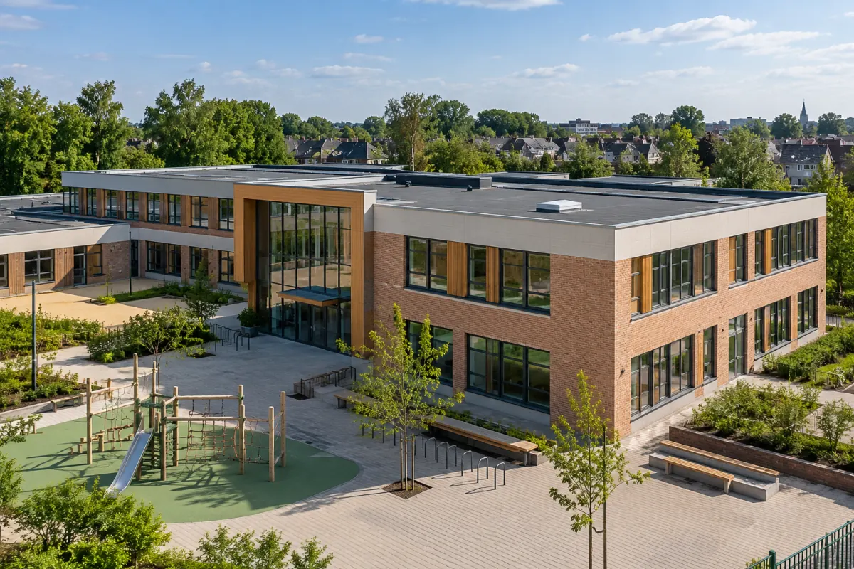 Schoolgebouw met een dakluik van Gorter op het dak