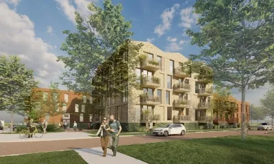 Een afbeelding van een wooncomplex in Lemmer met een Gorter dakluik